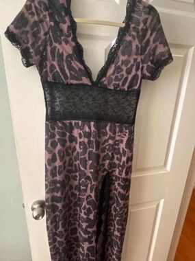 Sheer Leopard Lace Maxi Dress with High Slit - Brown